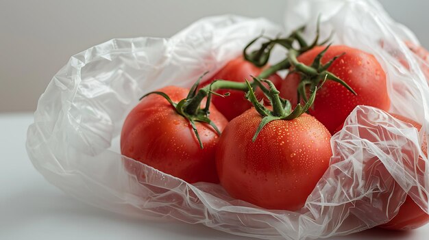 Tomates frescos maduros en la vid en una bolsa de plástico Los tomates son rojos y jugosos y tienen un delicioso sabor dulce