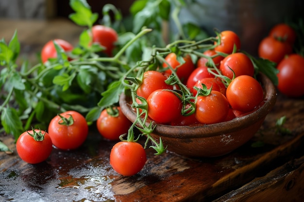 Tomates frescos en la mesa de madera.