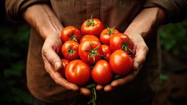 Tomates frescos nas mãos de um jardineiro