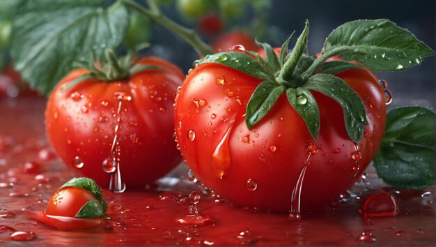 Foto tomates frescos orgânicos vermelhos com gotas de água desfocam