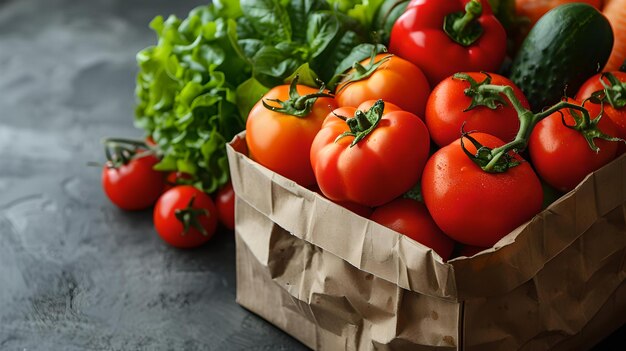 Tomates frescos y un pepino en una bolsa de papel con lechuga ideal para comer productos orgánicos saludables en un mercado de agricultores verduras frescas vibrantes para una dieta equilibrada AI