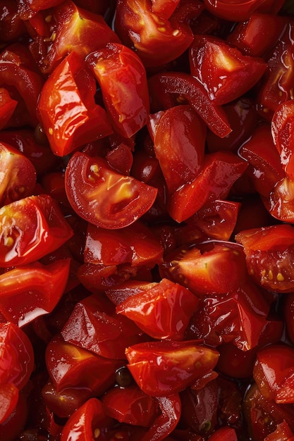 Tomates frescos picados de cerca con jugo brillante