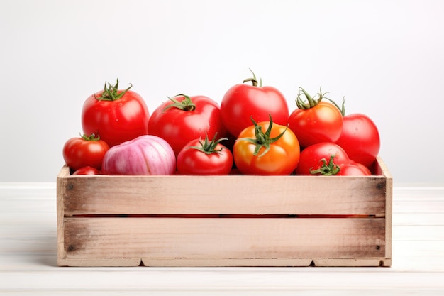 Tomates frescos, rosados y rojos sobre fondos blancos y diferentes y en una caja de madera.