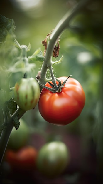 Tomates generados por IA que crecen en una rama en un invernadero Enfoque selectivo