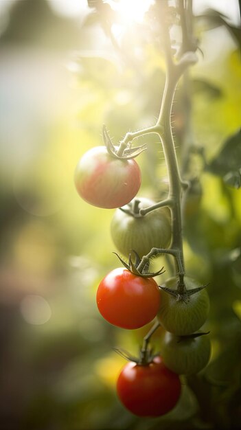 Tomates gerados por IA em um galho no jardim Foco seletivo