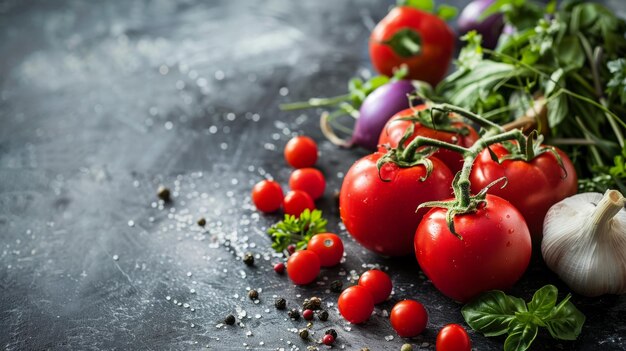 Tomates y hierbas frescas en superficie rústica oscura