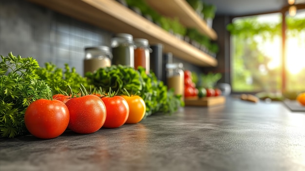 tomates y hierbas en un mostrador de cocina gris