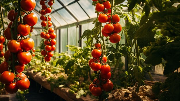 Foto tomates en un invernadero con hojas verdes