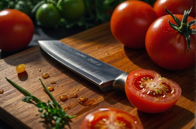 Foto tomates y jugo en una tabla de cortar con un cuchillo de chef