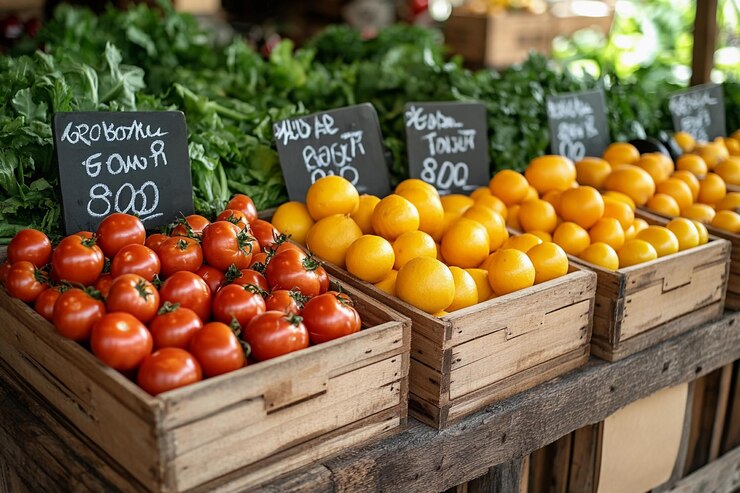Tomates y limones frescos expuestos en un puesto de mercado de agricultores bajo la luz del sol