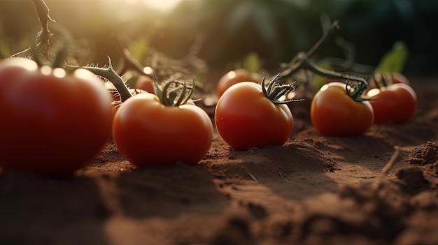 Tomates maduros crescendo no solo uma visão de perto