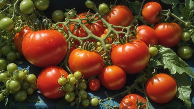 Foto tomates maduros em tela verdejante