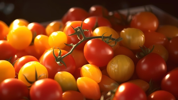 Tomates maduros rojos y amarillos tendidos en una pila uno encima del otro IA generativa