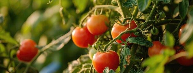 Foto tomates maduros en la vid en un jardín iluminado por el sol