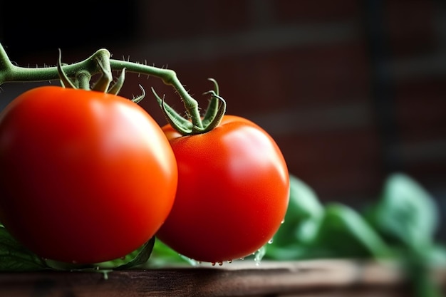 Tomates en una mesa de madera con una hoja verde