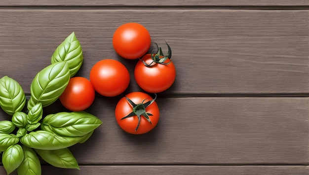 Tomates en una mesa de madera con hojas verdes y albahaca