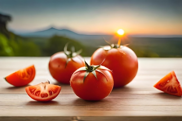 Foto tomates en una mesa de madera con una puesta de sol al fondo