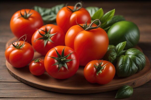 Tomates en una mesa de madera sobre un fondo oscuro ai generativo