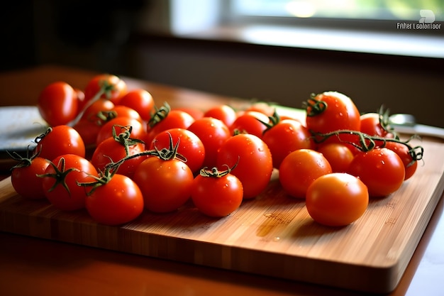 Tomates na tábua de madeira com gotas de água