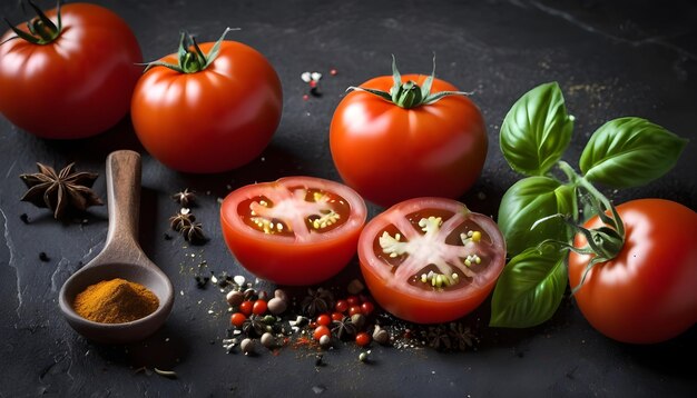 tomates naturais frescos com especiarias sobre fundo rústico escuro