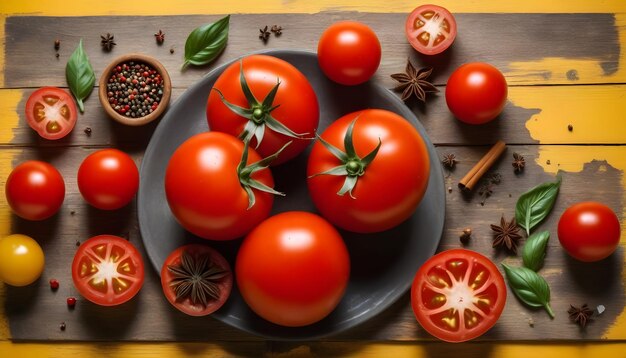 Foto tomates naturales frescos con especias sobre un fondo rústico amarillo