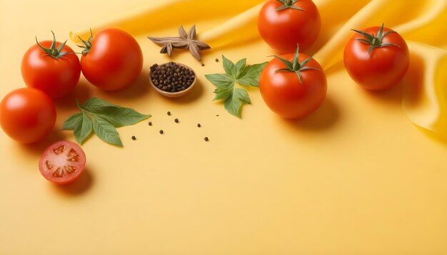 Foto tomates naturales frescos con especias sobre un fondo de seda oscura