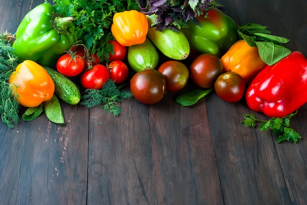 Tomates negros y rojos, pimientos verdes y rojos, hierbas.