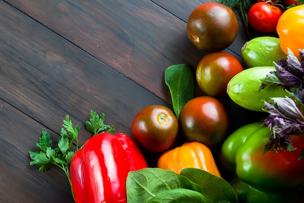 Tomates negros y rojos, pimientos verdes y rojos, hierbas