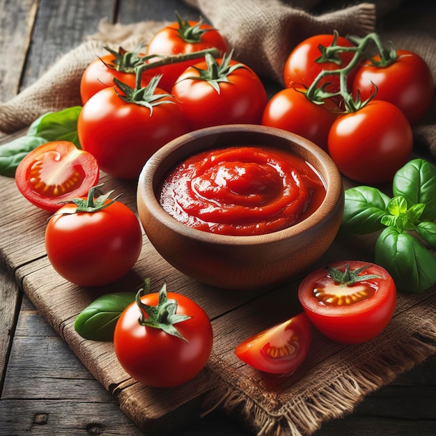 Tomates no seu próprio sumo ou pasta de tomate numa tigela de madeira e tomates frescos