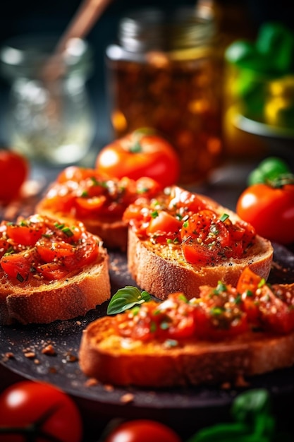 tomates y pan en un plato con un tarro de miel ai generativa