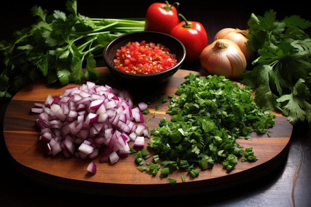 Tomates picados cebollas cilantro y pimientos