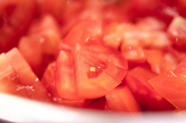 Tomates picados em macro fotografia.