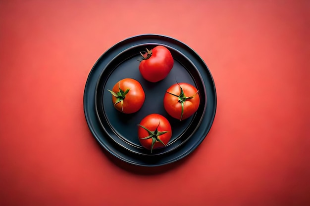 Tomates en un plato sobre un fondo rojo.