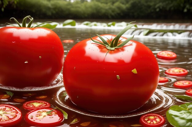 Tomates en platos en un estanque con agua sobre ellos.