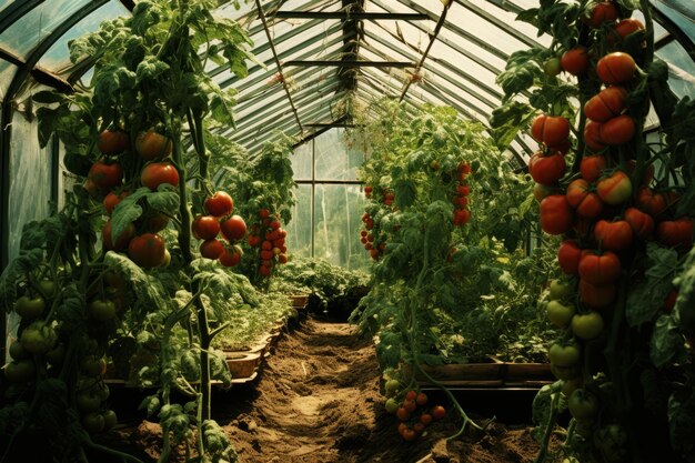 Foto tomates que crecen en un invernadero estilo vintage enfoque selectivo