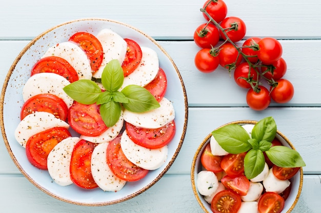 Tomates, queijo mussarela, manjericão e especiarias no quadro-negro de ardósia cinza