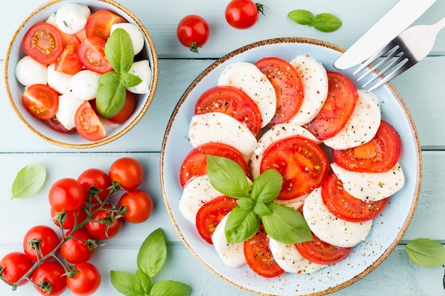 Tomates, queijo mussarela, manjericão e especiarias no quadro-negro de ardósia cinza