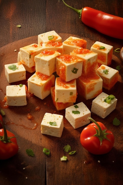los tomates y el queso están en una tabla de cortar con un cuchillo ai generativo