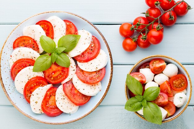 Tomates, queso mozzarella, albahaca y especias en pizarra de piedra pizarra gris. Ingredientes de la ensalada caprese tradicional italiana. Comida mediterránea.