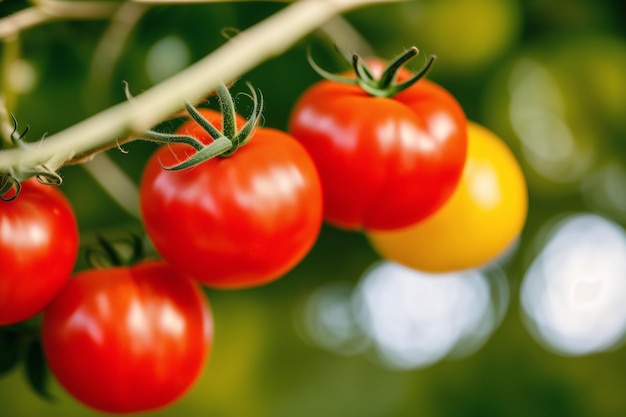 Tomates en una rama con una mancha amarilla en el fondo