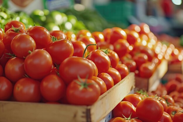 Foto tomates recém-colhidos dispostos cuidadosamente em cima de caixas de madeira rústicas perfeitos para mostrar produtos frescos da fazenda ou criar uma cena culinária vibrante