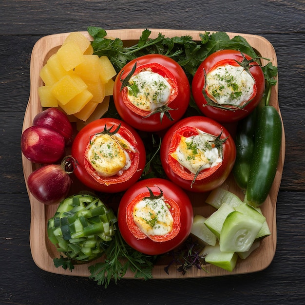 Tomates recheados com queijo e diferentes legumes sobre um fundo de madeira