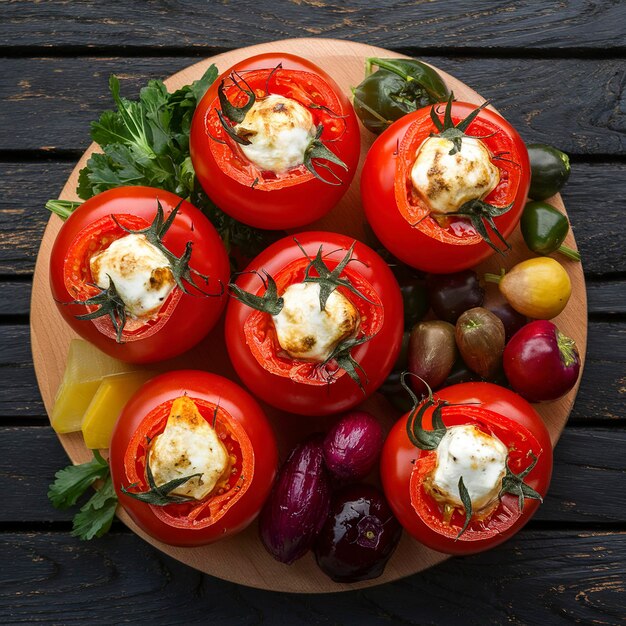 Tomates recheados com queijo e diferentes legumes sobre um fundo de madeira