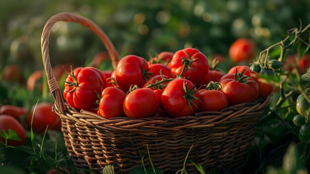 Tomates recién recogidos en una canasta de mimbre