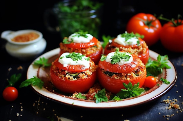 Tomates rellenos de quinoa griego con salsa de tzatziki