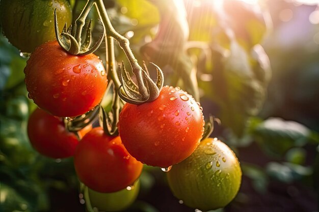 Tomates rojos colgando de las ramas todavía húmedas con el rocío de la mañana