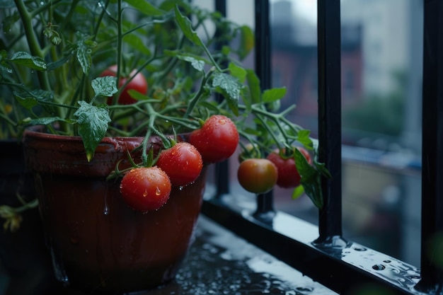 tomates rojos frescos creciendo en una olla en un balcón