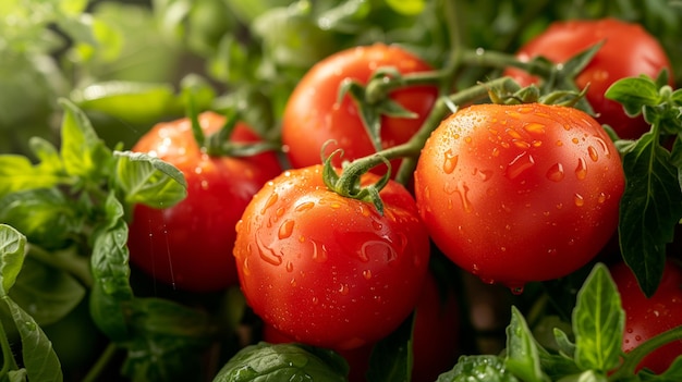 Tomates rojos frescos y jugosos con hojas verdes vibrantes en exhibición