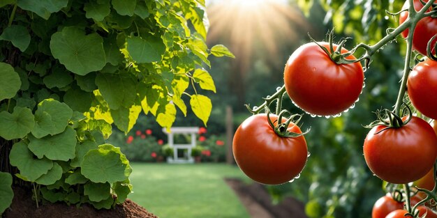 Tomates rojos frescos maduros en la rama Agricultura ecológica Jardín de verduras Cosecha de tomates