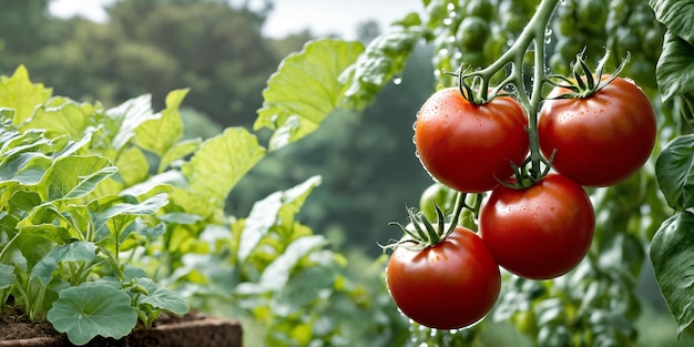 Tomates rojos frescos maduros en la rama Agricultura ecológica Jardín de verduras Cosecha de tomates